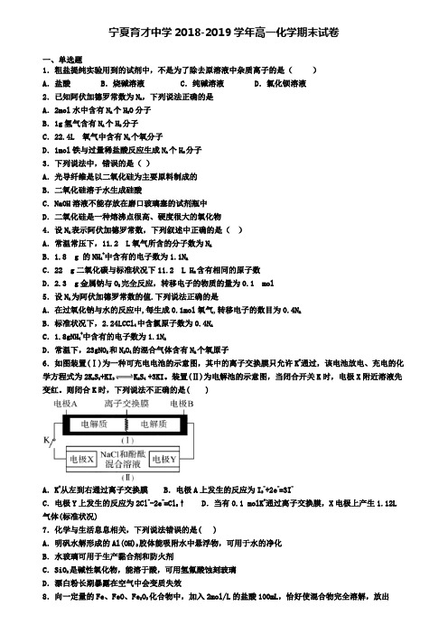 宁夏育才中学2018-2019学年高一化学期末试卷