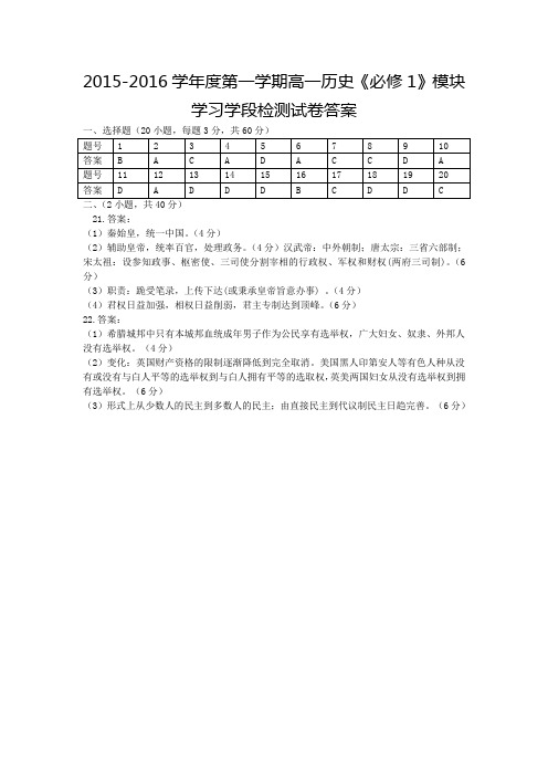 2015-2016学年度第一学期高一历史《必修1》模块学习学段检测试卷答案