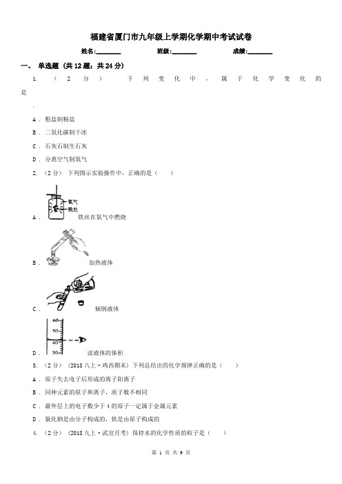 福建省厦门市九年级上学期化学期中考试试卷