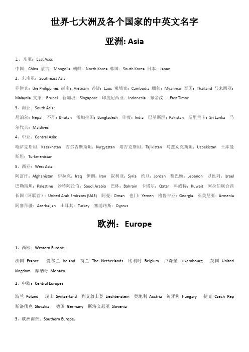 七大洲及各个国家的英文名字+国际重要组织名称