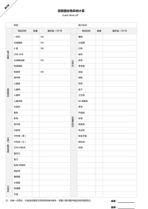 幼儿园班内物品盘点表(打印版)