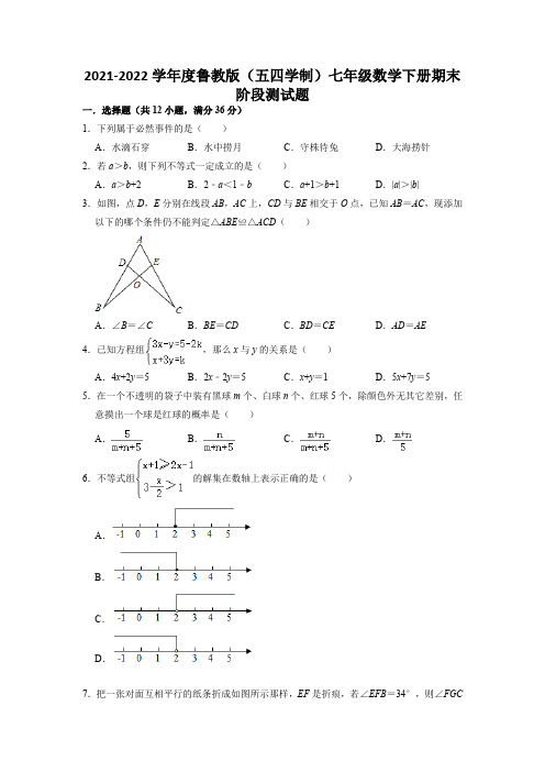 鲁教版(五四学制)七年级下册数学期末阶段测试题 (含答案)