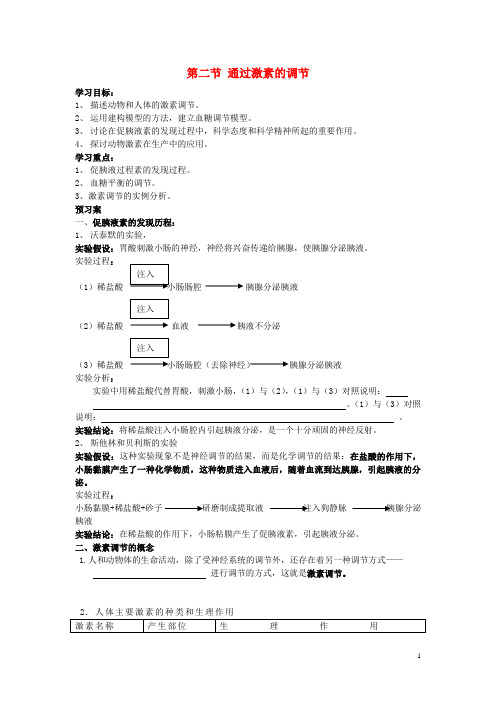 辽宁省丹东宽甸县第一中学高中生物2.2通过激素的调节学案(无答案)新人教版必修3