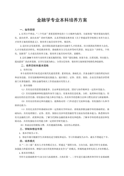 金融学专业本科培养方案