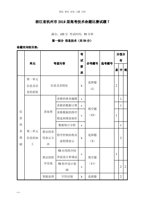 【精编文档】浙江省杭州市2019届高考技术命题比赛试卷7.doc