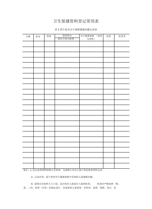 卫生保健资料登记常用表