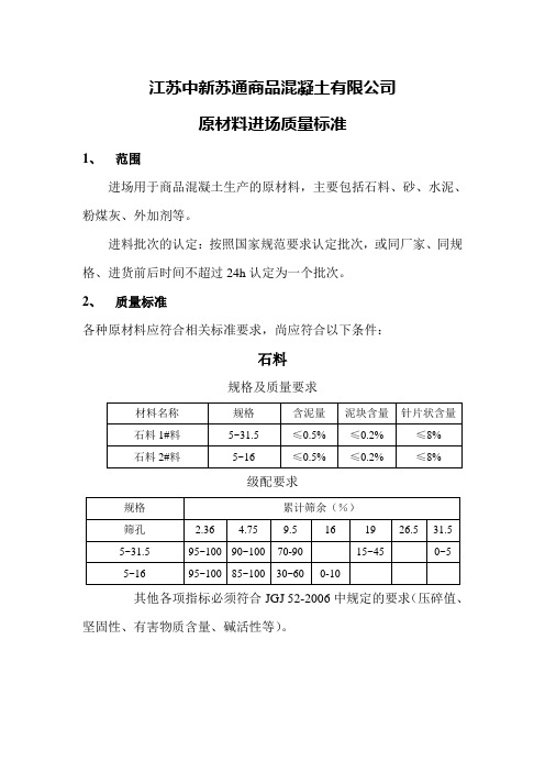 商品混凝土材料进货规格标准