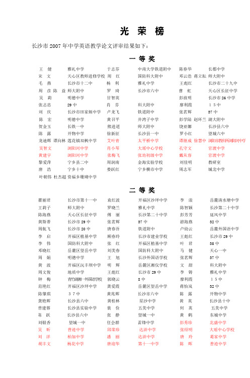 长沙市2007年中学英语教学论文评审结果如下