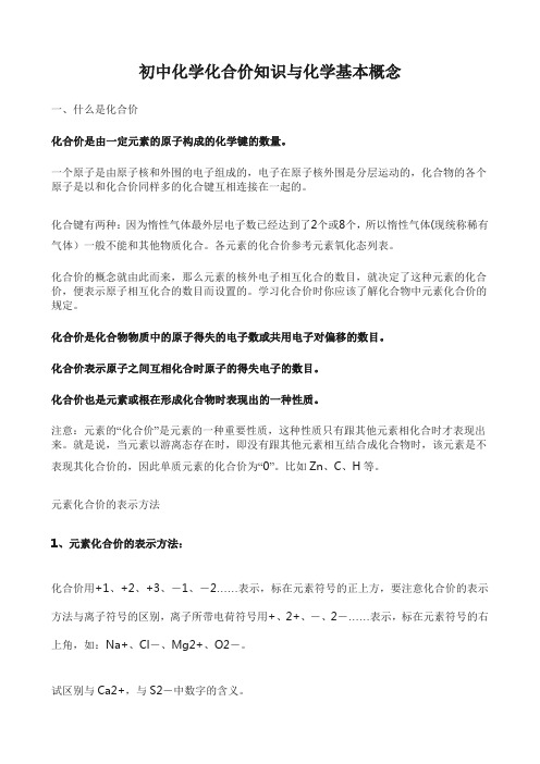 初中化学化合价知识与化学基本概念
