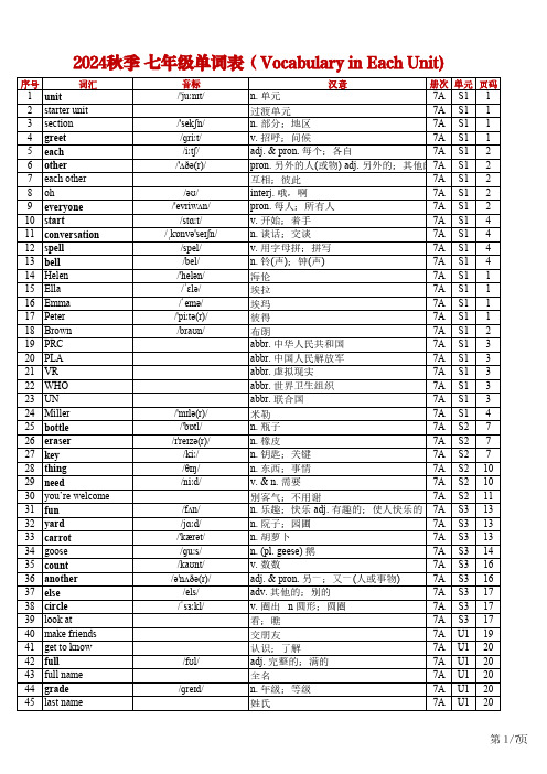 24秋人教版英语七上单词表(Vocabulary in Each Unit)总表