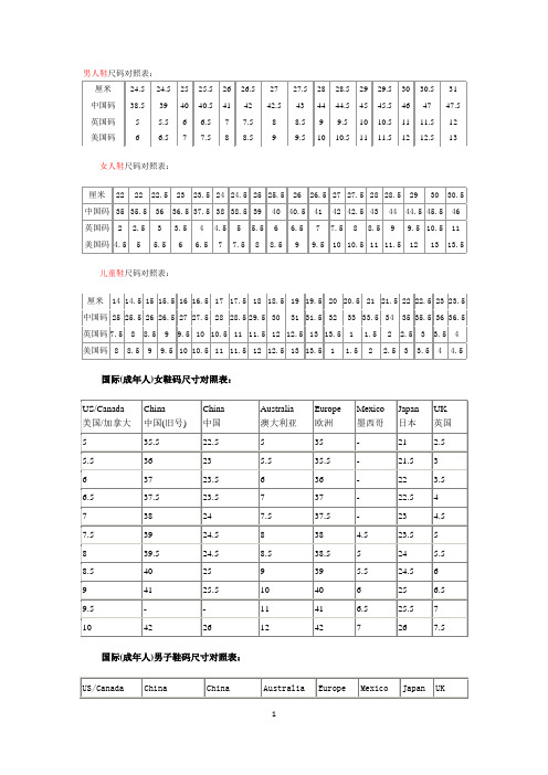 男人鞋尺码对照表