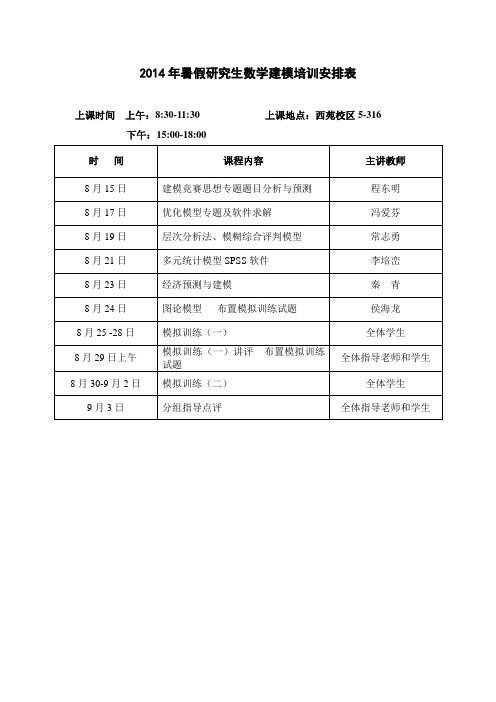 2014年暑假研究生数学建模培训安排表