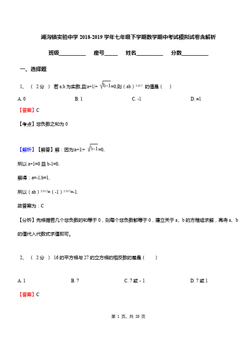 湖沟镇实验中学2018-2019学年七年级下学期数学期中考试模拟试卷含解析