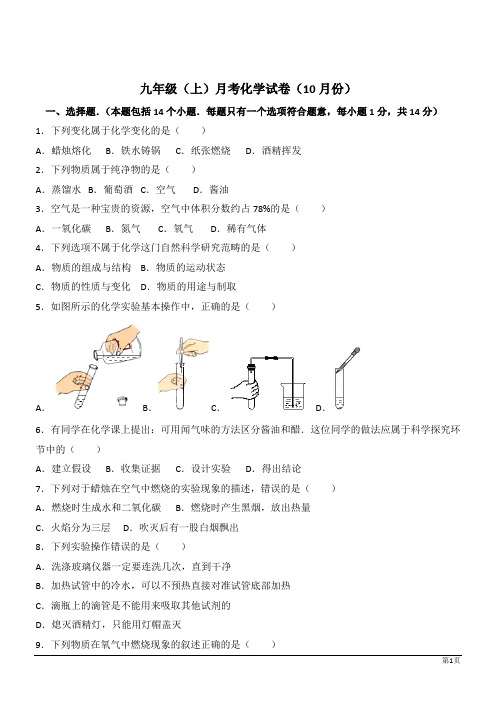 九年级上(10月)月考试卷--化学(解析版)