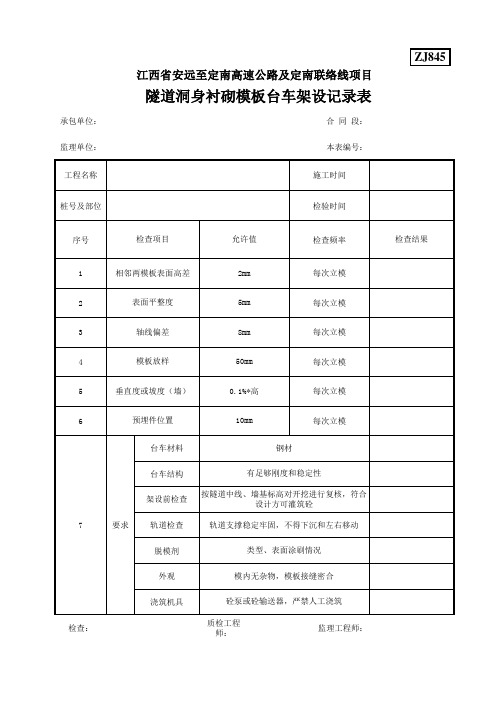 ZJ845隧道洞身衬砌模板台车架设记录表