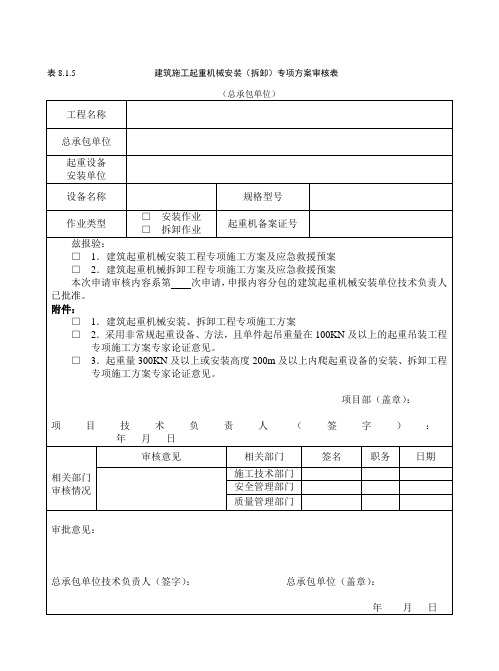 工程项目施工安全管理资料    建筑施工机械与临时用电  建筑施工起重机械安装(拆卸)专项方案审核表