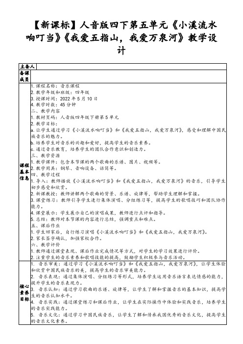 【新课标】人音版四下第五单元《小溪流水响叮当》《我爱五指山,我爱万泉河》教学设计