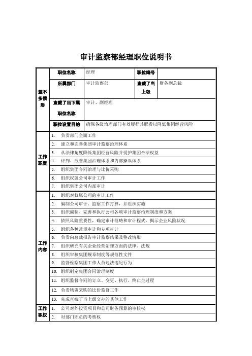 审计监察部经理职位说明书