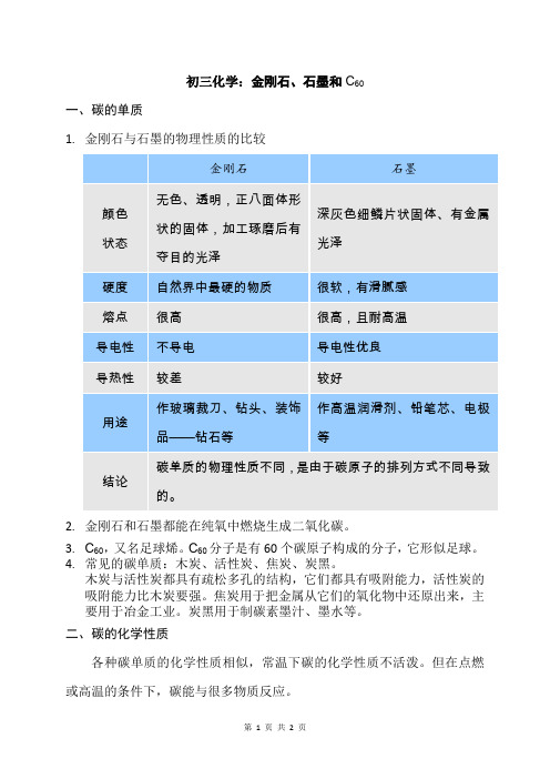 初三化学：金刚石、石墨和C60