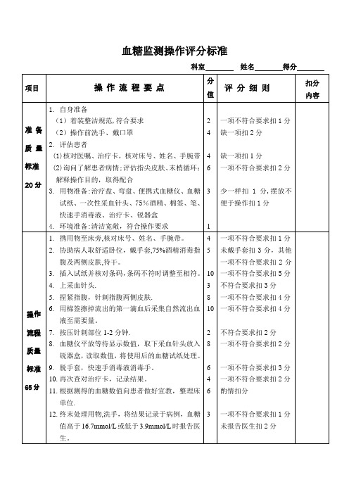 血糖监测操作技术评分标准(修改后