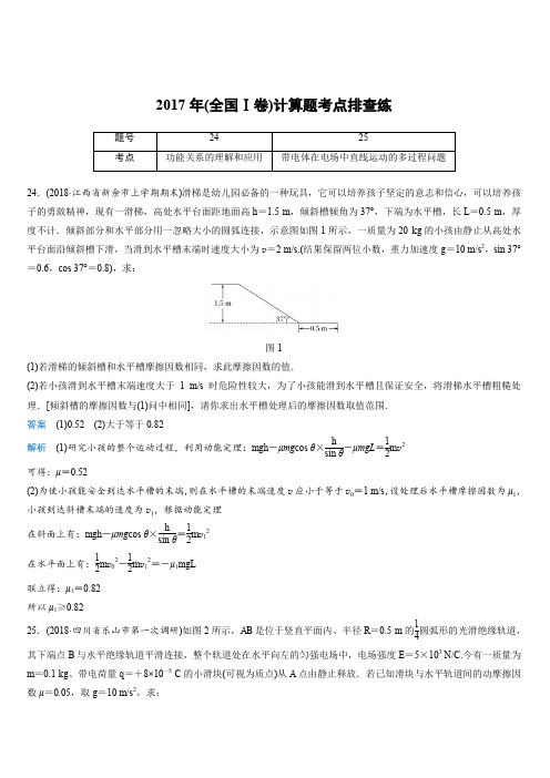 2019高考物理全国通用版优编增分练 2017年(全国Ⅰ卷)计算题考点排查练(带答案)