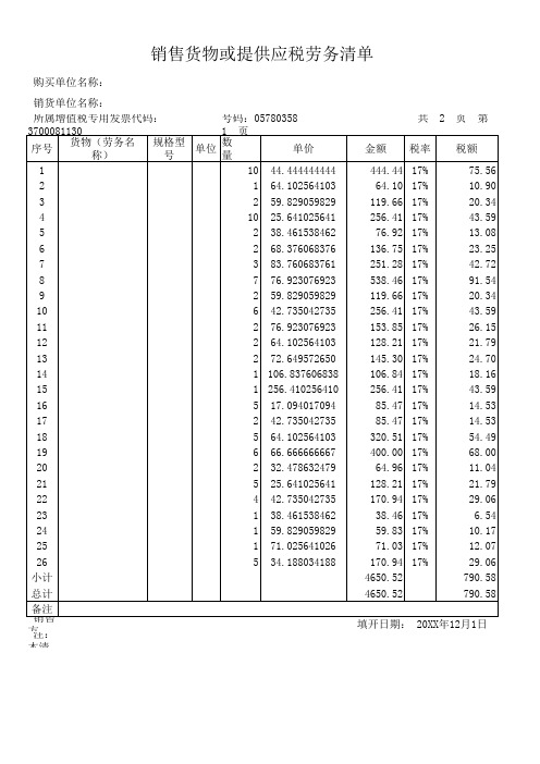 增值税销售货物或者提供应税劳务清单(模板)