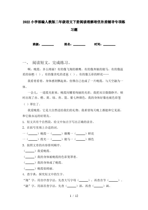 2022小学部编人教版二年级语文下册阅读理解培优补差辅导专项练习题