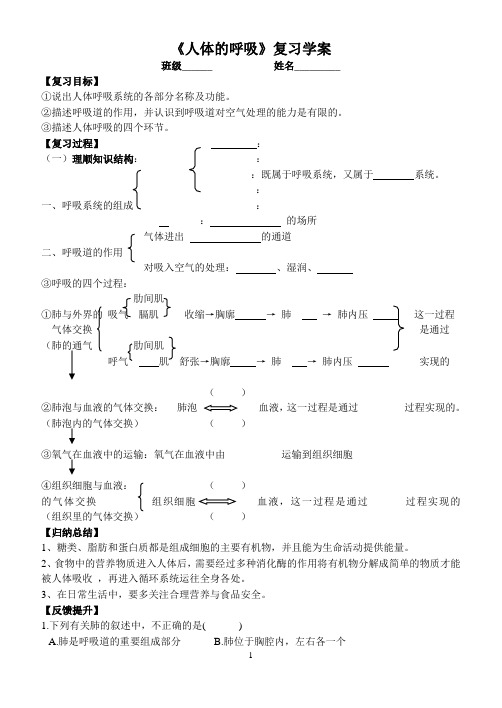 生物《人体的呼吸》复习 导学案 练习题