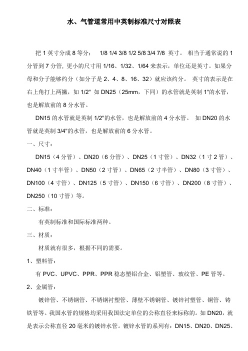 水、气管道常用中英制标准尺寸对照表