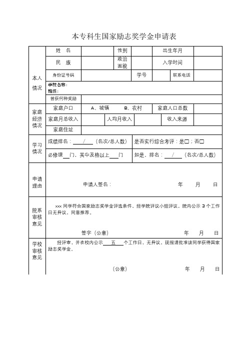 本专科生国家励志奖学金申请表