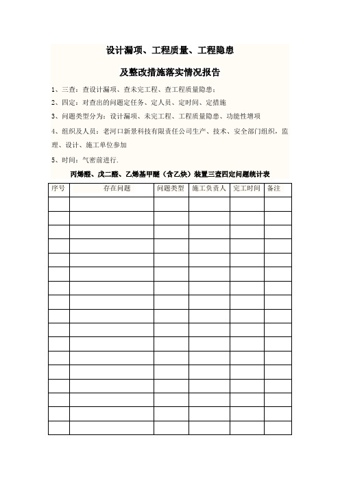 化工企业试生产组织设计漏项、工程质量、工程隐患检查情况以及整改措施落实情况的报告2