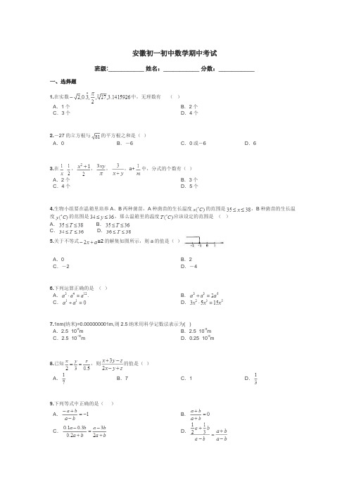 安徽初一初中数学期中考试带答案解析
