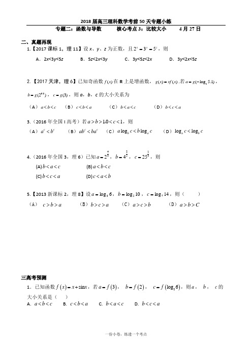 2018届高三理科数学考前50天专题小练(核心考点3：比较大小)