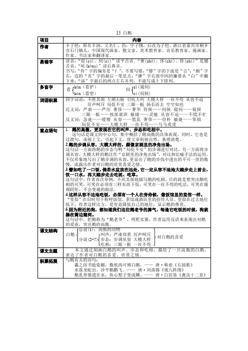 部编小学语文四下《 白鹅》课堂笔记