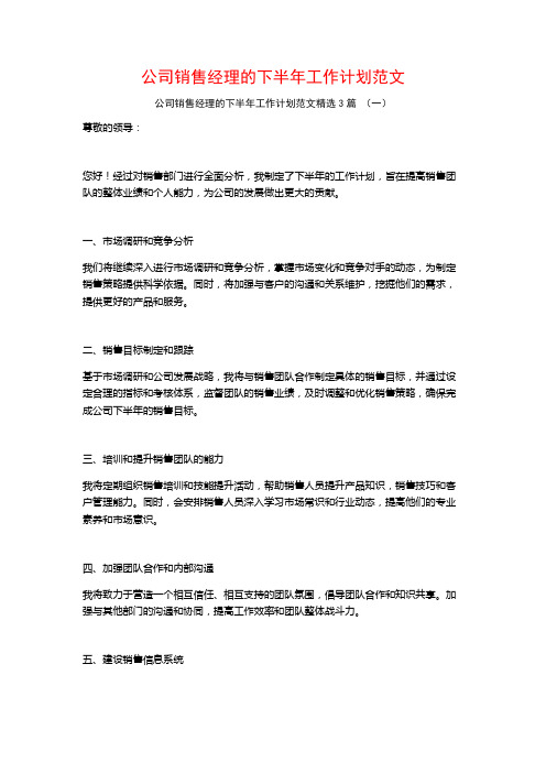 公司销售经理的下半年工作计划范文3篇