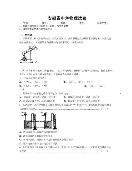 精编安徽省中考物理试卷附解析