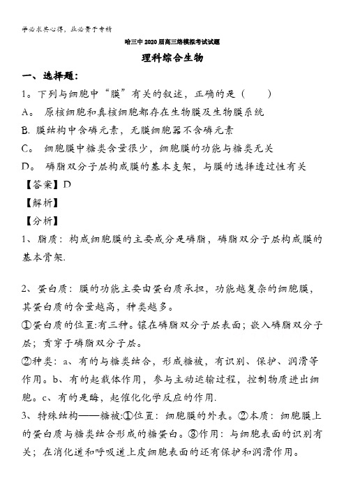 哈尔滨市三中2020届高三3月网络模拟考试理综生物试题含解析