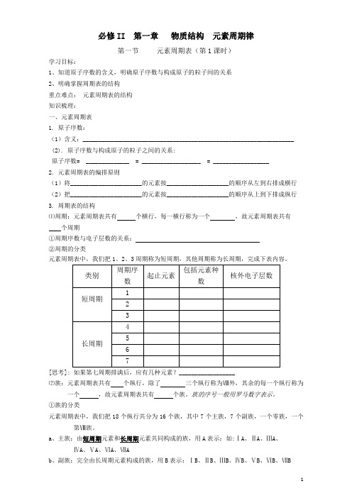 高一化学人教版必修2同步学案：元素周期表学案1