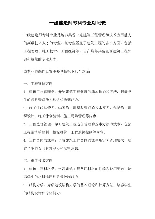 一级建造师专科专业对照表