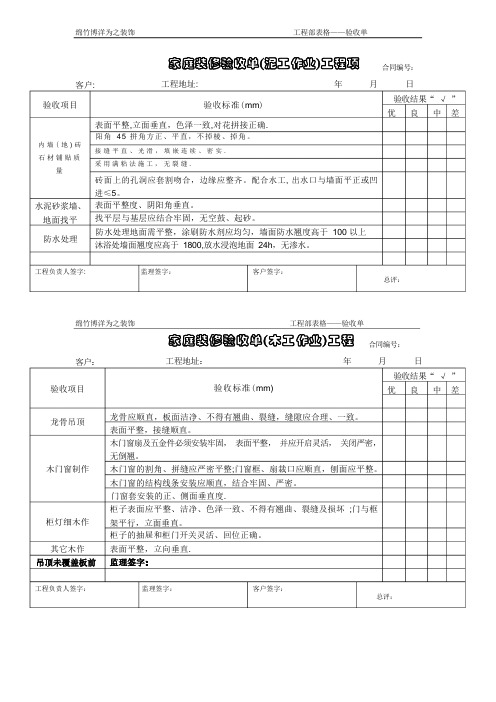 家庭装修验收单(泥工、木工、漆工、水电工)