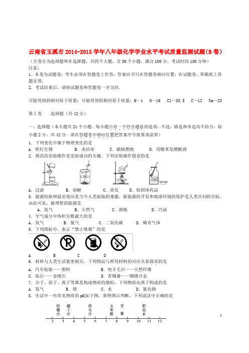 云南省玉溪市八年级化学学业水平考试质量监测试题(B卷) 新人教版五四制