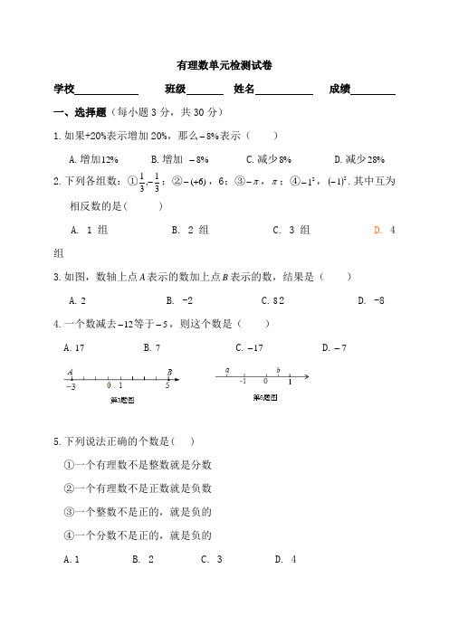 华师大版七年级上册第二章有理数复习单元测试题