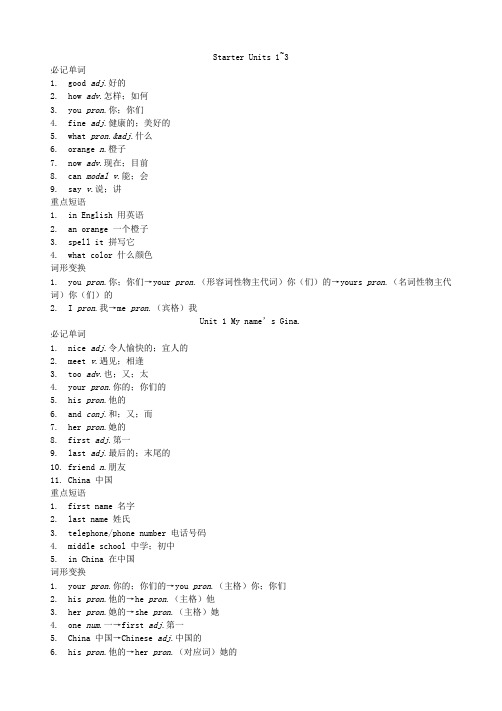 新人教版英语七年级上册高频考点清单(A4)