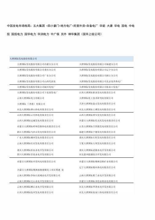 中国全部电厂名单(五大集团四小豪门地方电厂民营外资自备电厂)