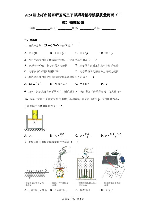 2023届上海市浦东新区高三下学期等级考模拟质量调研(二模)物理试题(含答案解析)