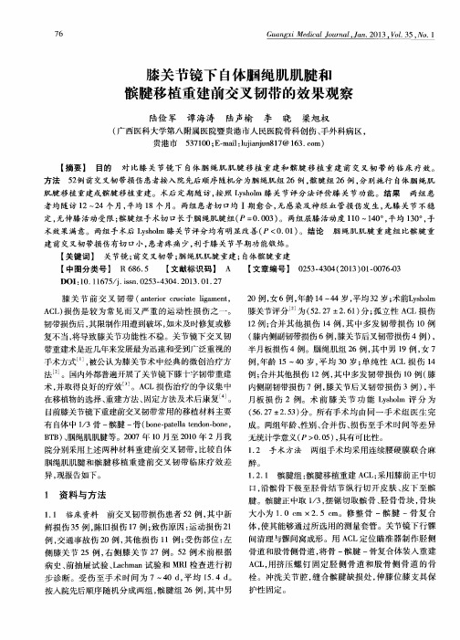 膝关节镜下自体胭绳肌肌腱和髌腱移植重建前交叉韧带的效果观察