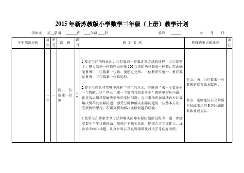 2015年秋学期新苏教版小学数学三年级(上册)教学计划