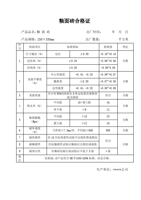 釉面内墙砖合格证