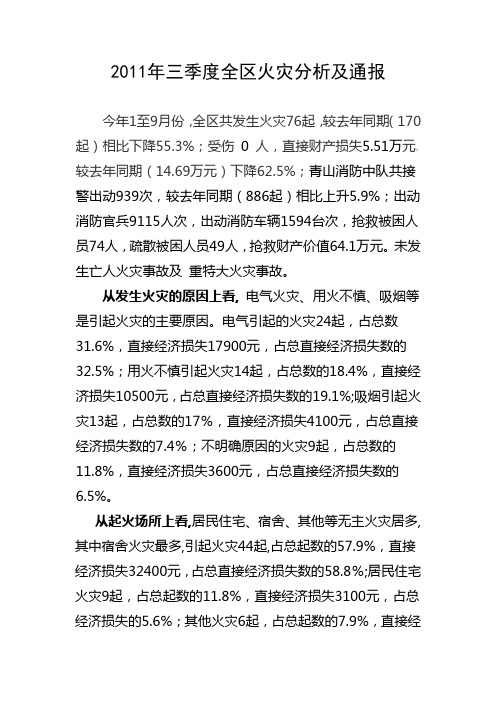 2011年三季度全区火灾情况分析及通报