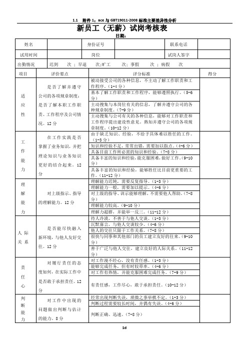 新员工试岗期考核表